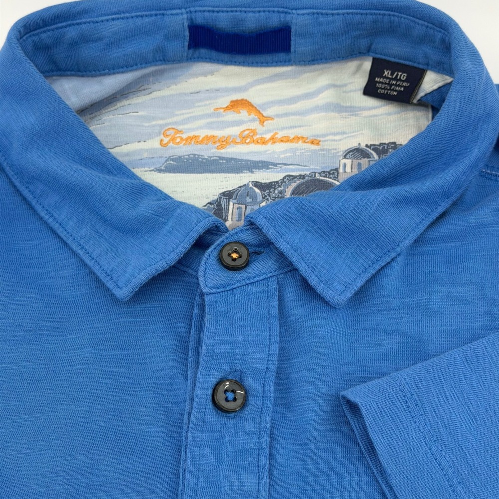 Tommy Bahama Polo Shirt Mens XL‎ Blue Pima Cotton Slub Short Sleeve Casual Logo